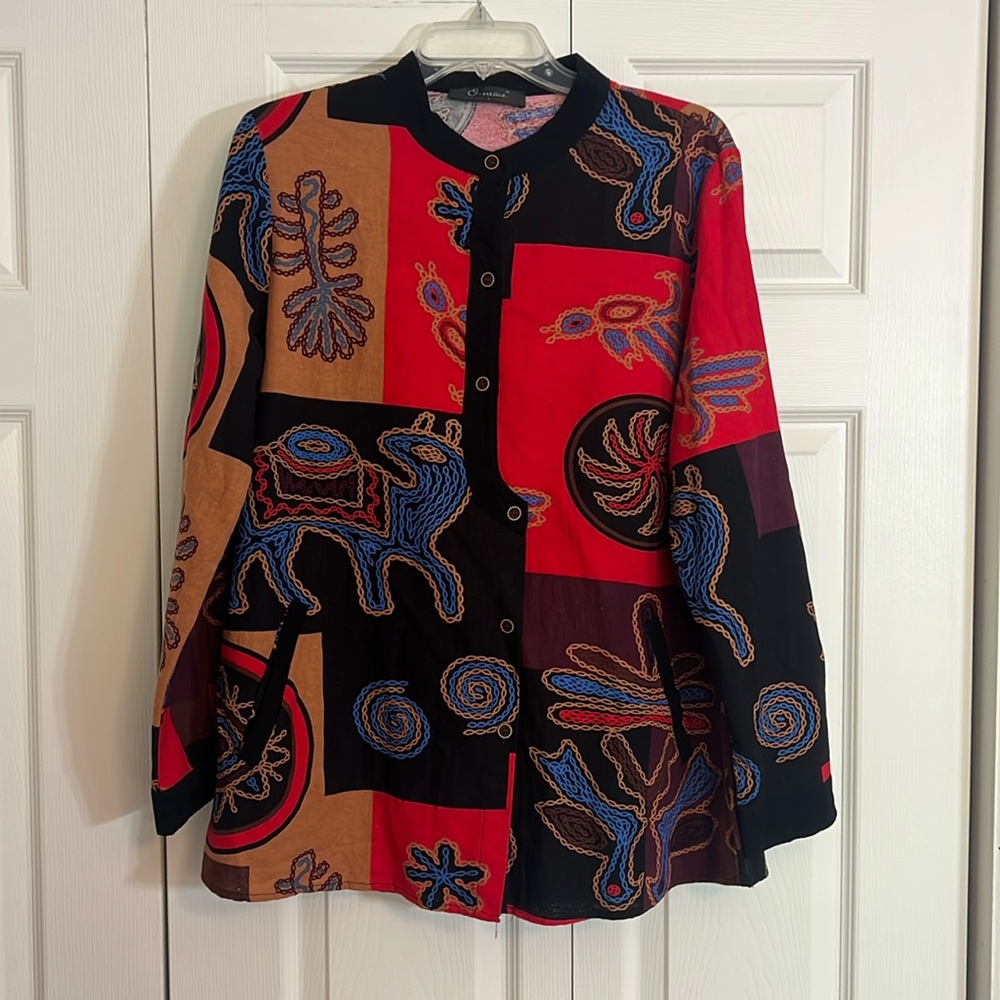 Tribal Pattern Women’s Size Large Long Tunic Colorful long sleeve J1
